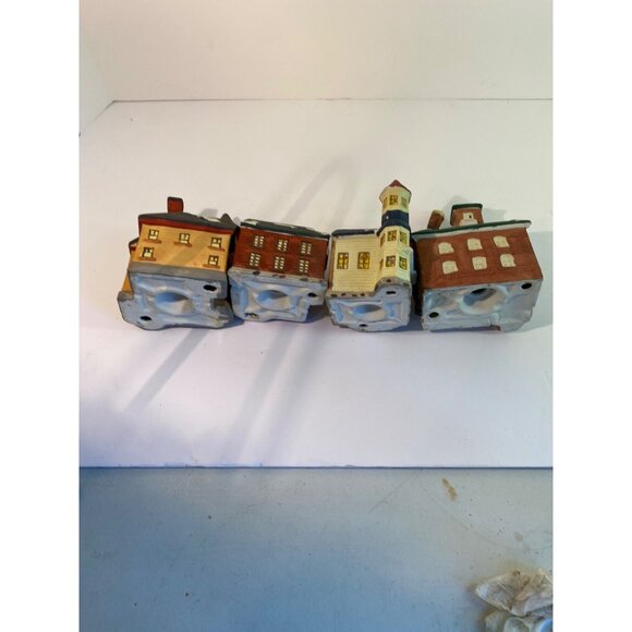 Vintage Ceramic Christmas Village Set Of 4 Decorative Houses With Snow Accents & - Picture 2 of 6